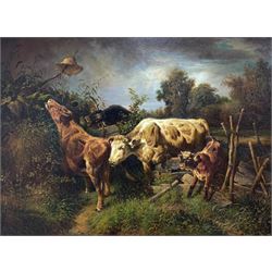 English School (19/20th century): Cows on the Loose, oil on panel unsigned 29cm x 39cm