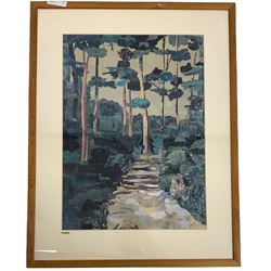 T J Dumbrell (British 20th century): Woodland Path, mixed media collage unsigned 55cm x 39cm