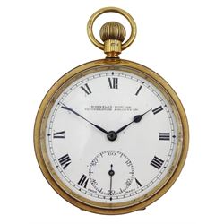 9ct gold open face Swiss lever pocket watch, white enamel dial with Roman numerals and subsidiary seconds dial marked 'Barnsely British Co-Operative Society Ltd', case by Rotherham & Sons, London 1930