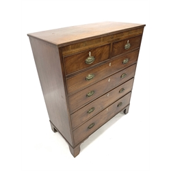 19th Century inlaid mahogany chest, the top with reeded edge over two short and four long graduated drawers, raised on shaped bracket supports, W