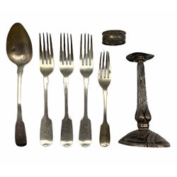 Three Victorian silver fiddle pattern table forks London 1866, dessert fork 1863, George III silver table spoon, Art Nouveau silver candlestick and a silver serviette ring, weighable silver 10.7oz