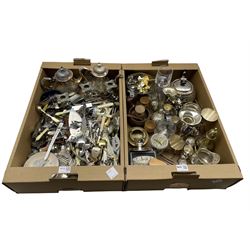 Quantity of silver-plate, glass and other metal wares including cutlery, souvenir spoons, brass ashtray etc in two boxes