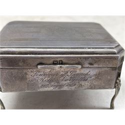 Silver velvet lined trinket box inscribed 'Souvenir of Launch S.S. Rokos Vergottis August 1919' 8cm x 6cm Maker James Deakin, continental silver oval box embossed with figures, George IV Scottish silver sauce ladle Glasgow 1822 Maker probably John Scott and a silver preserve spoon