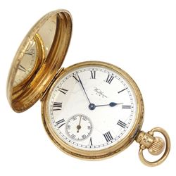 9ct gold full hunter 15 jewels keyless pocket watch by Waltham U.S.A, No. 25684892,  white enamel dial with Roman numerals and subsidiary seconds dial, case by Dennison, Birmingham 1924