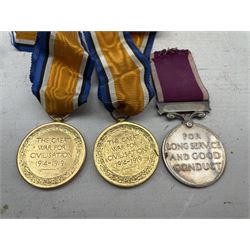 WWI pair to Pte T Fevre, Machine Gun Corps 86536, Victory medal to Pte H Fevre, Welsh Regt 48491, War medal to J E  Lee R.N.V.R. and George VI Long Service and Good Conduct medal to Staff Sargeant Harbisher ACC 