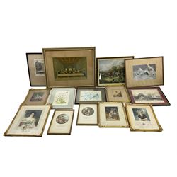 Quantity of framed pictures to include etchings and original painting of swans (14)