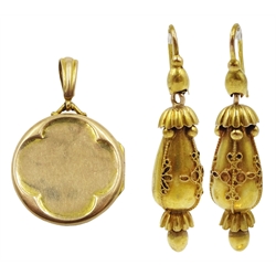  Pair of 14ct gold pendant earrings and a 9ct gold locket  