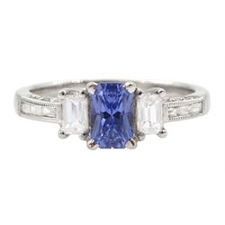 18ct white gold three stone radiant cut tanzanite and baguette cut diamond ring, with baguette cut diamond shoulders and round brilliant cut diamond sides, tanzanite approx 0.60 carat