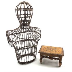 Wicker half mannequin H75cm and a small carved oak stool W30cm