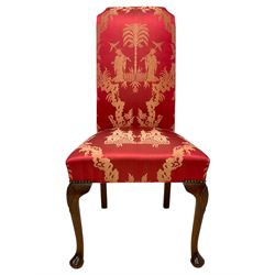 Georgian design mahogany framed high-back side chair, upholstered in red fabric decorated with Japanese figures in a garden landscape and pagodas, on shell carved cabriole front supports
Provenance: From the Estate of the late Dowager Lady St Oswald