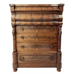 Scottish mahogany chest of drawers, the projecting frieze drawer over four graduated drawers, raised on bun feet
