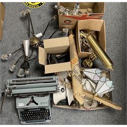 Various light fittings, stair rods, typewriter, metalware etc
