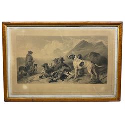 After Richard Ansdell (British 1815-1885): 'Hunting - The Death of the Fox' and 'Shooting - Waiting for the Guns', pair 19th century lithographs, housed in birdseye maple frames 35cm x 66cm (2)
