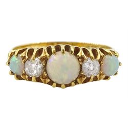 Early 20th century five stone opal and old cut diamond ring, hallmarked