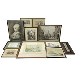 Collection of York themed etchings to include Cliffords Tower, Micklegate and The River Foss together with a colour engraving of the 'Portal to the Priory of St Trinity', a framed souvenir from the 'Yorkshire Fine Art and Industrial Exhibition 1879', two photographs etc in one box max 26cm x 36cm (11)