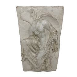 Marble effect relief wall plaque of Athene Nike removing her sandals, after the balustrade slab from the temple of Athene Nike in Athens