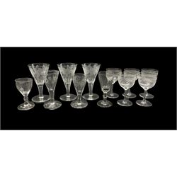 18th century and later drinking glasses including cordial glasses with engraved decoration, vine etched goblets etc (12)