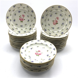  19th Century Continental part service painted with pink roses amid small blue foliate sprigs on a white ground (29)  