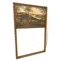 20th century gilt framed wall mirror, bevelled plate surmounted by an oil on panel landscape 56cm x 84cm