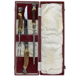 Set of plated cutlery for twelve covers, engraved with a crest and with bone handled knives in an oak and yew wood box and a three piece carving set