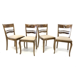 Set four late 19th/early 20th century Swiss burr mulberry and walnut dining chairs, with serpentine back rails over seat pads upholstered in natural linen, raised on shaped front supports 