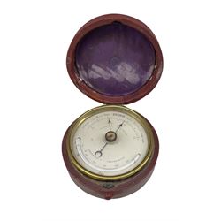 Victorian travelling barometer and thermometer by F West, 1 St James's St and engraved with a monogram in red leather case, the dial D7cm