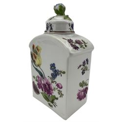 18th century Meissen porcelain tea caddy, of arched rectangular form with flower knop finial and painted throughout with flower sprays, blue crossed swords mark beneath, H14cm. Provenance: From the Estate of the late Dowager Lady St Oswald