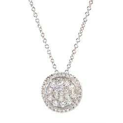 18ct white gold pave set diamond circular pendant necklace, stamped 750