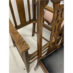 Georgian stained elm elbow chair, together with an Arts and Crafts period oak carver chair,  another early 20th century dining chair, two Victorian mahogany rail back dining chairs, and a mid to late 20th century vinyl upholstered waiting room chair (6)