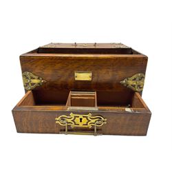Late Victorian oak and brass bound smokers box, sliding top and single drawer with brass swing handle and vacant plaque, L32cm 