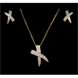 9ct gold diamond cross pendant necklace and matching pair of stud earrings, stamped 375