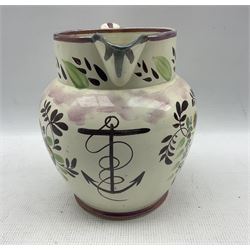 Early 19th century Sunderland pink lustre jug, printed and painted with a shipping scene, 'Columbus The Largest Ship Ever Built' with verse, anchor etc H21cm