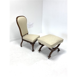 Late Victorian rosewood bedroom chair, upholstered in cream floral silk, raised on floral and scroll carved cabriole supports terminating in brass castors, (W53) together with a walnut footstool, raised on 'X' shaped base united by turned stretcher, in matching upholstery (W55cm)