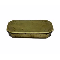 18th century Dutch brass tobacco box with traces of engraving including script, figures in a boat etc L15cm