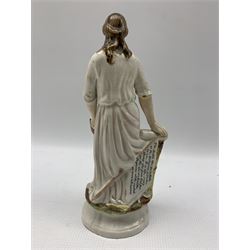 19th century Staffordshire figure depicting 'Protestantism' modelled as a woman holding a bible, with scroll of religious text, above union jack, mounted on pediment H23cm