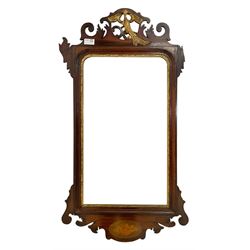 Georgian design mahogany fretwork mirror, the pediment carved with gilt ho ho bird, inlaid with shell motif, moulded slip and gilt inner slip