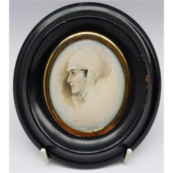 English School (19th century): Portrait of a Lady with a Bonnet, oval miniature on ivory unsigned 7cm x 6cm