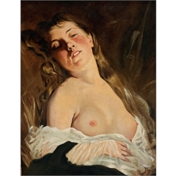 Style of Charles Joshua Chaplin, oil portrait on board of a scantily clad female figure, 50cm x 40cm