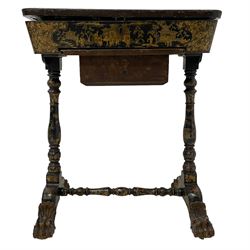 Early 19th century Chinoiserie work or sewing table, rectangular lid decorated with traditional figural and landscape scene within borders of trailing foliate and dragon motifs, the interior with a combination of lidded compartments, sliding sunken storage well, with ivory lids and handles, turned pillar supports on splayed feet united by turned stretchers, carved with hairy paw terminals

This item has been registered for sale under Section 10 of the APHA Ivory Act