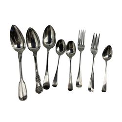 Victorian silver Kings pattern dessert spoon, various other spoons and forks and a Continental spoon 7.8oz  (8)