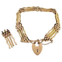 9ct rose gold four bar gate bracelet, with heart locket clasp and spare link, maker's mark C.L.M, stamped 9c