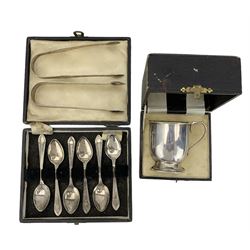 Small silver christening mug engraved with initials Birmingham 1931 Maker Broadway & Co, cased, set of six silver tea spoons Sheffield 1943 and two pairs of silver sugar tongs 