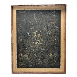 19th century black ground Tibetan Thangka, on cloth, painted in gilt and polychrome with Buddhist deities on foliate scroll ground, mounted on board, 74cm x 55cm 