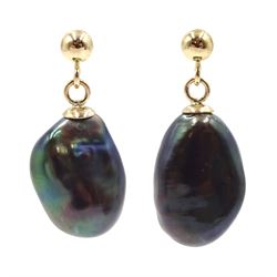 Pair of 9ct gold black/grey pearl pendant stud earrings, stamped 375