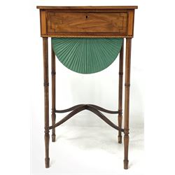 Regency mahogany work table, rosewood cross banded and string inlaid top over one drawer and pleated silk lined sliding storage well, raised on ring turned supports united by shaped 'X' stretcher W45cm, H79cm, D35cm