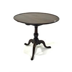 Georgian mahogany tilt top table, circular top with raised edge over bird bracket and snap top action, turned column, triple splay supports, D85cm, H74cm