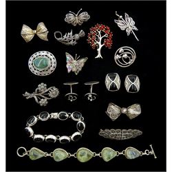 Collection of silver and stone set silver jewellery including pair of Danish cufflinks by Niels Erik From, Baltic amber tree of life brooch, pair of marcasite and black onyx earrings, marcasite brooches and bracelets