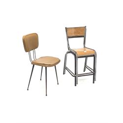 Pair 1950s industrial stacking chairs, with bentwood ply back and seat, raised on tubular frame, (W45cm) together with another industrial chair (W39cm)
