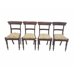 Set four Victorian mahogany dining chairs, with shaped bar back, drop in floral upholstered drop in seat pad, raised on turned front supports 