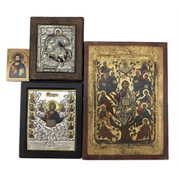 Four reproduction Byzantine Icons, including two silver-mounted examples, max 24cm x 17cm (4)